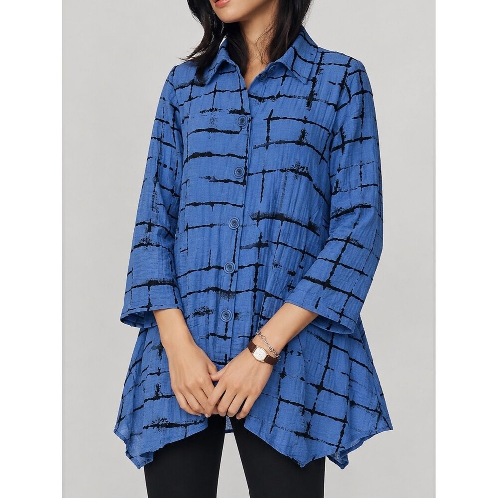 Habitat Crinkled Plaid Patterned Button Down A-Line Shirt Size XS Sharkbite Hem